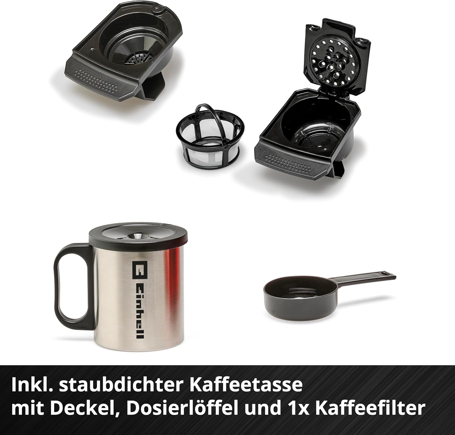 Machine à expresso sans fil Einhell TE-CF 18 Li-Solo Power X-Change (18 V, réservoir d'eau 240 ml, pour café filtre et capsules de café, poignée de transport, avec tasse à café avec couvercle, sans batterie)