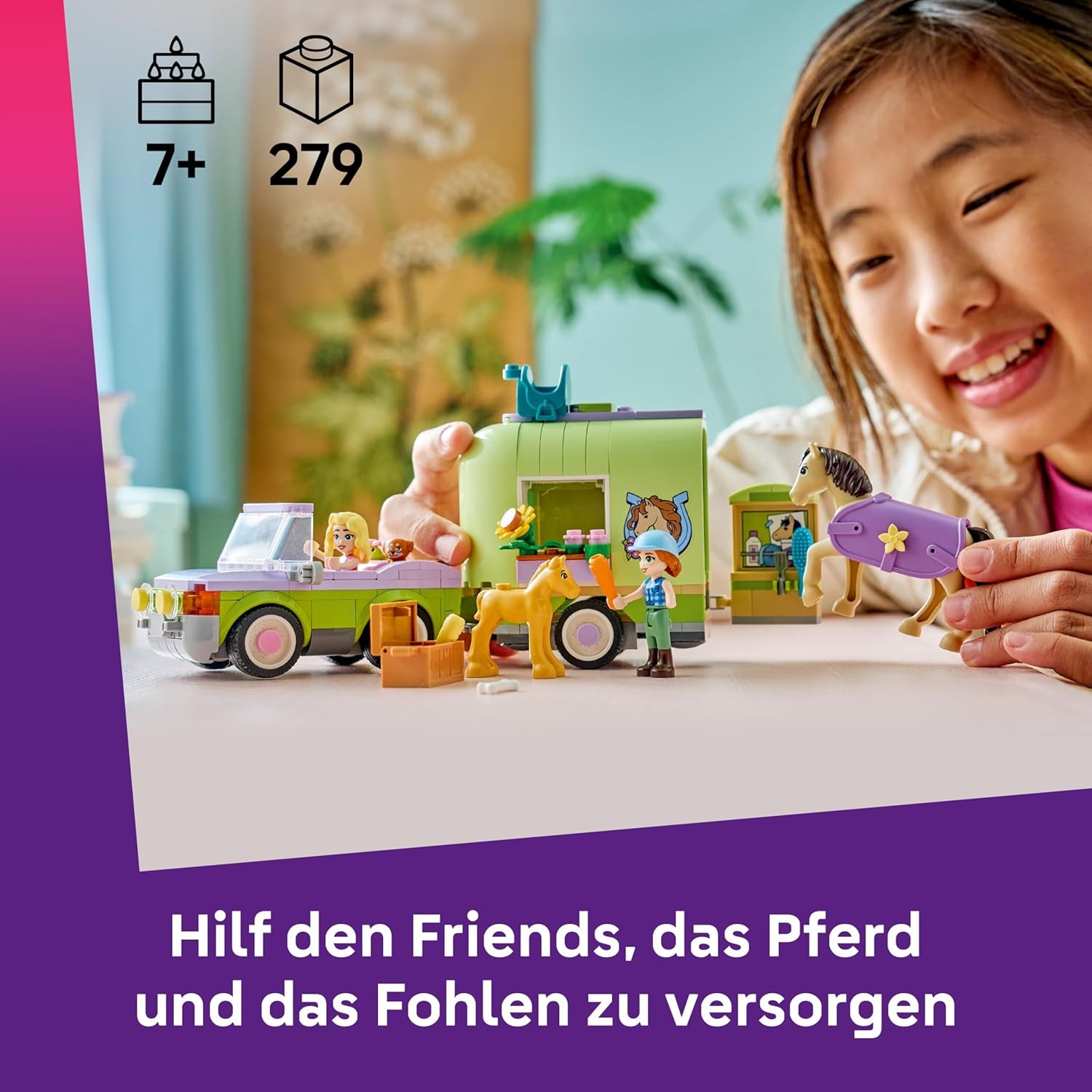 LEGO Friends Pferd and Fohlen mit Pferdeanhänger - Pferde Spielset mit Pflegezubehör, 4 Tierfiguren, Auto & 2 Mini Puppen - Geschenkeidee zum Geburtstag für Mädchen ab 7 Jahren - 42695