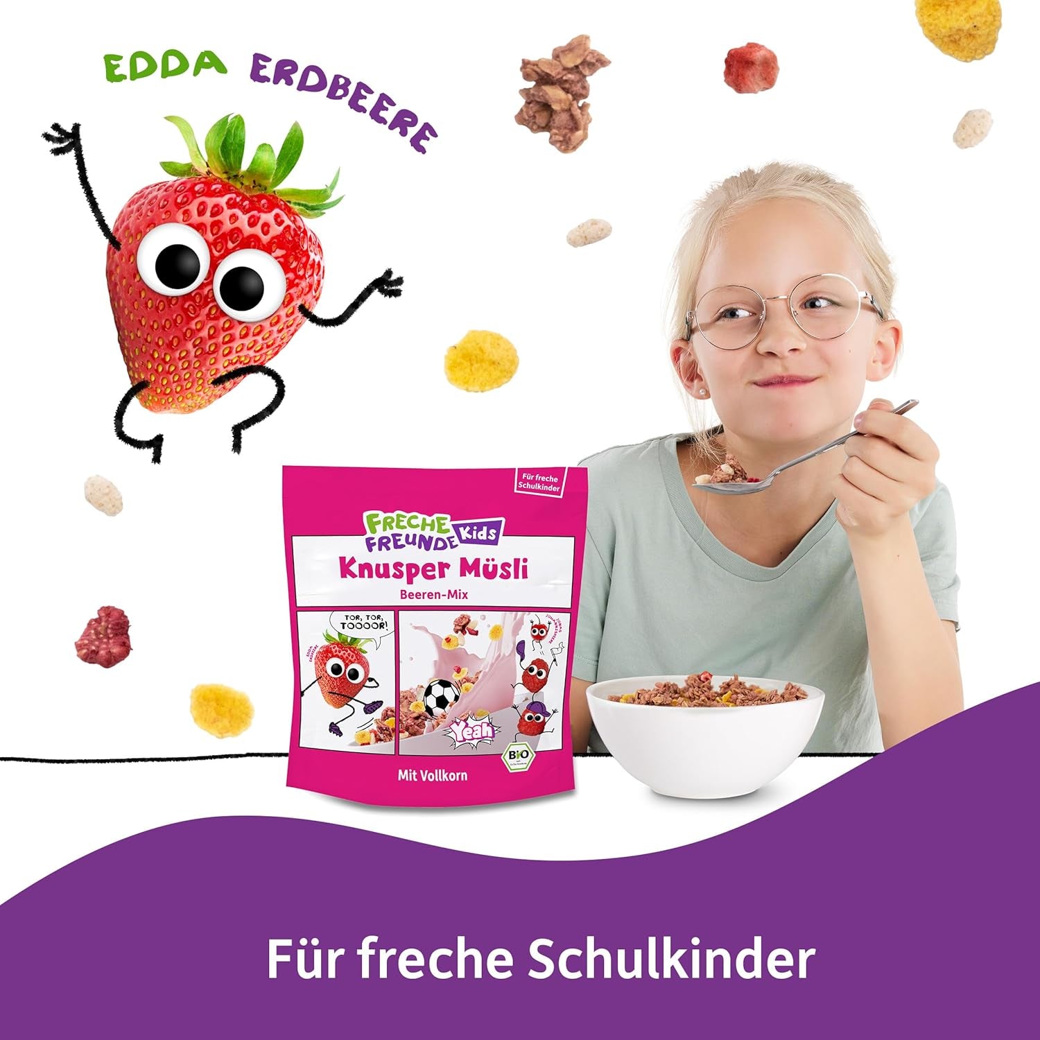 FRECHE FREUNDE Muesli de petit-déjeuner bio Mélange de muesli croquant aux baies d'Edda pour écoliers avec fraises lyophilisées Vegan 6 Pack (6 x 280g)