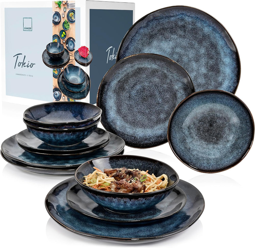 SANGER | Service de table Tokyo Service de table 12 pièces en grès pour 4 personnes comprenant des assiettes plates, des assiettes à dessert et des bols, bleu foncé avec des accents noirs | LA COLLECTION PREMIUM