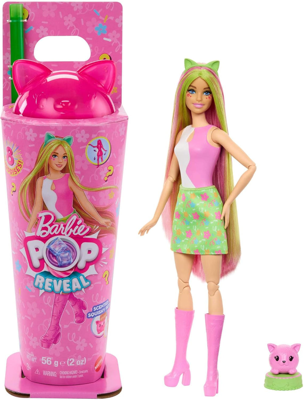 Barbie Pop-Reveal-Set aus Puppe und Accessoires, Shakes-Serie, duftende helle Häschen-Modepuppe & Haustier, mit 8 Überraschungen inklusive Farbwechsel, JCN88
