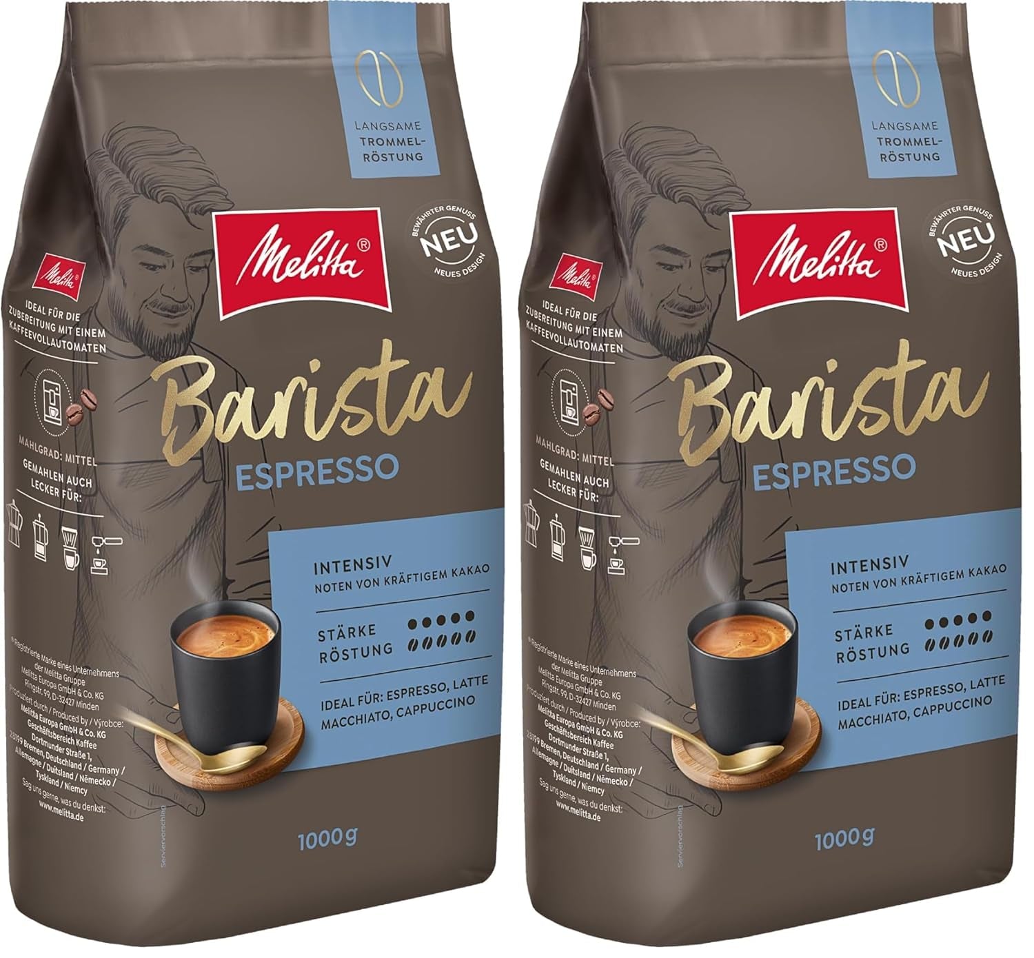 Melitta Barista Classic Espresso, grains de café entiers 1 kg, mouture, café en grains pour machines à expresso automatiques, torréfaction forte, intensité 5 (lot de 2)