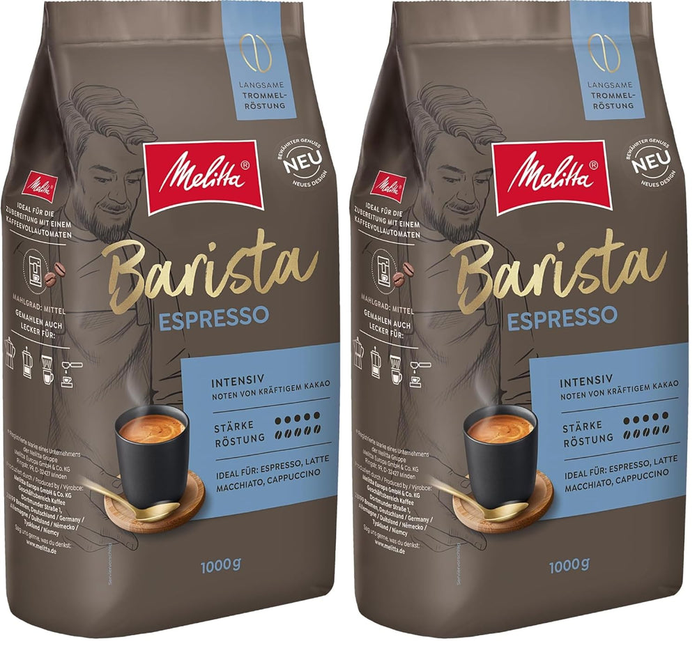 Melitta Barista Classic Espresso, grains de café entiers 1 kg, mouture, café en grains pour machines à expresso automatiques, torréfaction forte, intensité 5 (lot de 2)