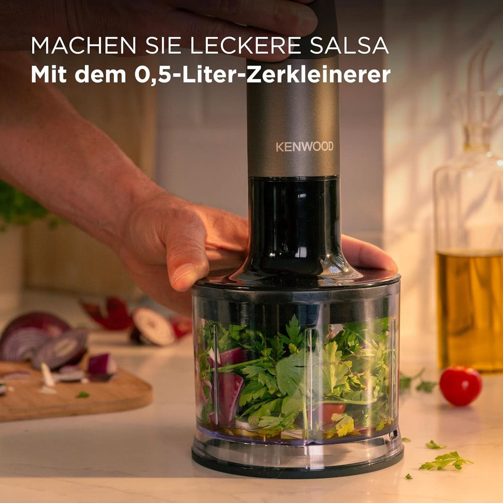 Kenwood Triblade XL Pro Stabmixer HBM80.322BK, 1200W, vitesses variables, Edelstahl(Pürierfuss), Schneebesen, Emulgieraufsatz, 500Ml Zerkleiner, 700 & 250Ml Becher, Spülmaschinenfeste Teile Bucatarie Naty Shop