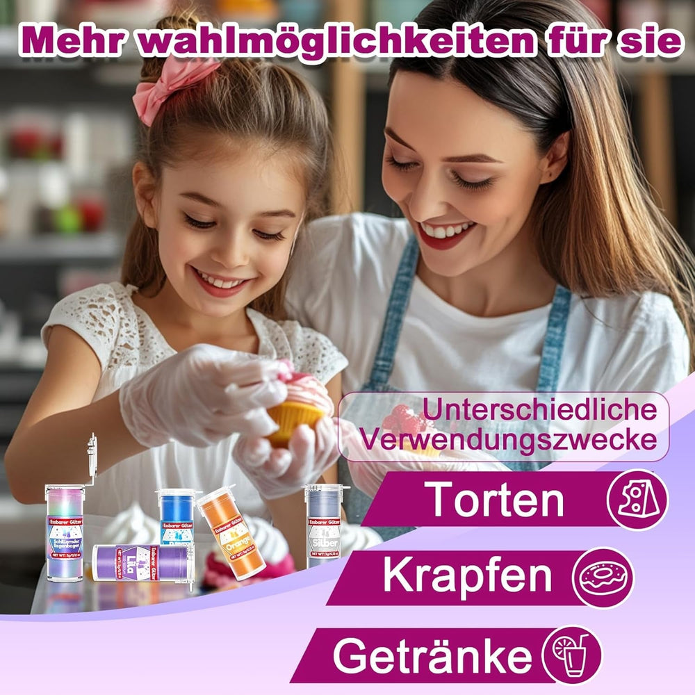 Paillettes comestibles pour boissons et gâteaux – 15 couleurs en poudre colorante alimentaire (3 g/couleur) | Paillettes comestibles sans changement de saveur | Idéal pour les cocktails, les gâteaux, les desserts et les décorations de pâtisserie