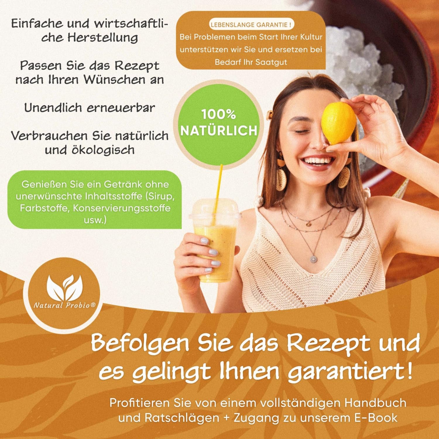 Natural Probio® Wasserkefir, Kefirpilz, Japankristalle, Kefirknollen, Starter Set + Anleitung, Rezept, Tipps, E-Book & Rezeptbibliothek + Kundenservice auf Lebenszeit (10g déshydraté/60g réhydraté)