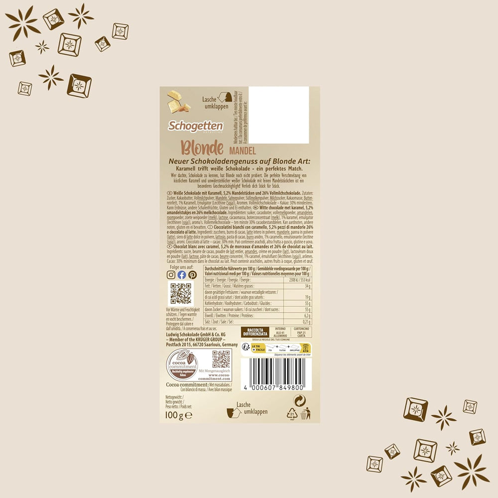 Schogetten Amande Blonde | Chocolat blanc aux éclats de caramel et d'amandes | 100g | Idéalement portionné (paquet de 2)