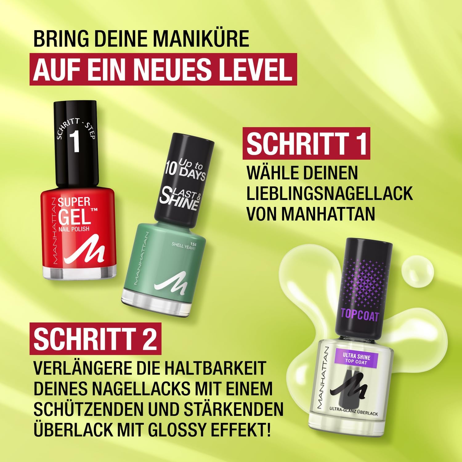 Manhattan Nail Top Coat Ultra Shine, top coat transparent au fini brillant pour une manucure longue durée, 12 ml