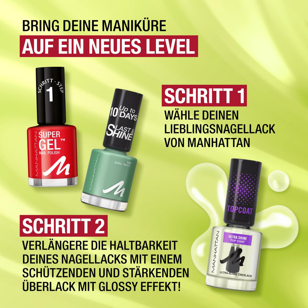 Manhattan Nail Top Coat Ultra Shine, top coat transparent au fini brillant pour une manucure longue durée, 12 ml