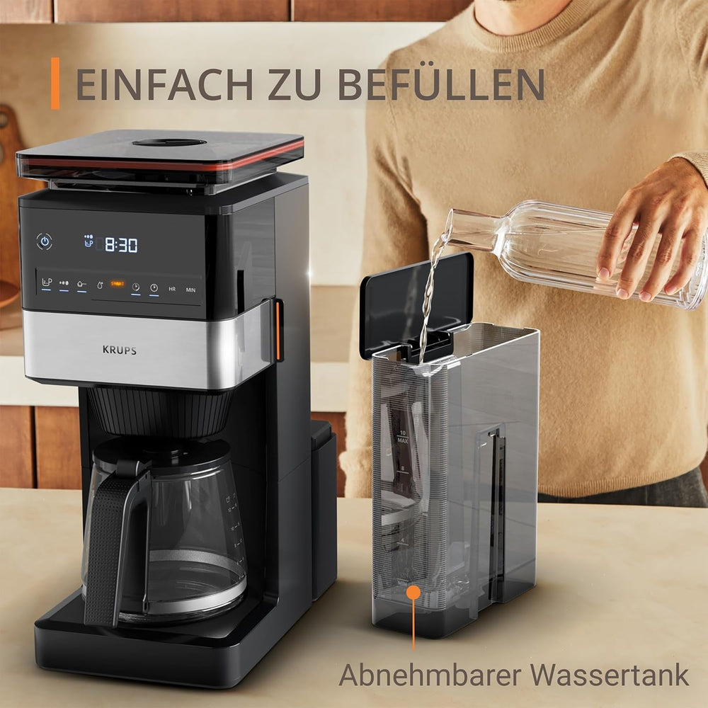 KRUPS Grind Aroma XL Machine à expresso, broyeur conique amovible, panneau de commande numérique, capacité XL (1,5 L), fonction maintien au chaud, carafe en verre, noir/acier inoxydable, KM842810