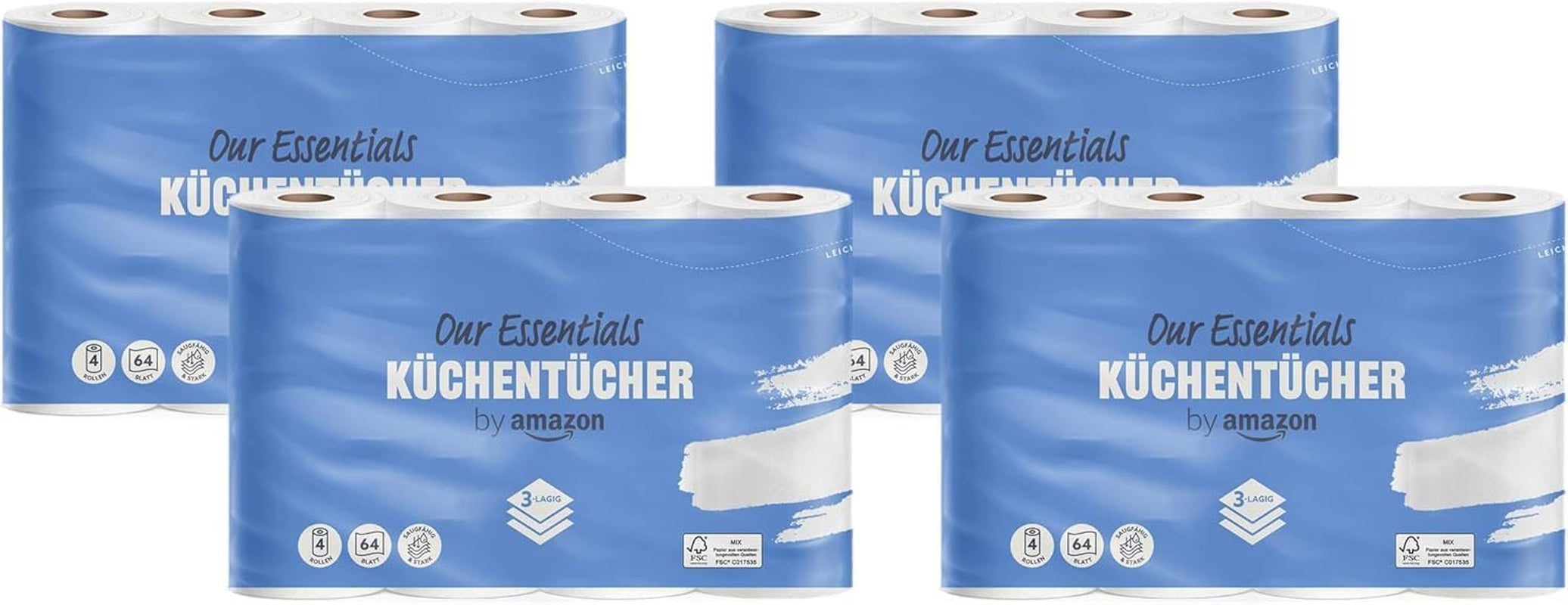 Par Amazon Rouleau de cuisine, 3 épaisseurs, 16 rouleaux (4 rouleaux, lot de 4), 64 feuilles par rouleau, certifié Fsc