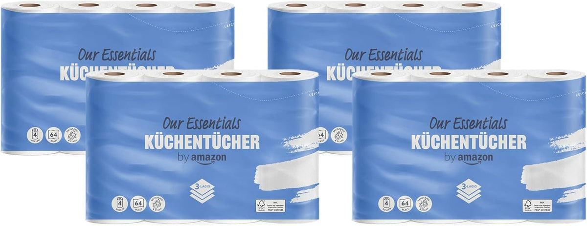 Par Amazon Rouleau de cuisine, 3 épaisseurs, 16 rouleaux (4 rouleaux, lot de 4), 64 feuilles par rouleau, certifié Fsc