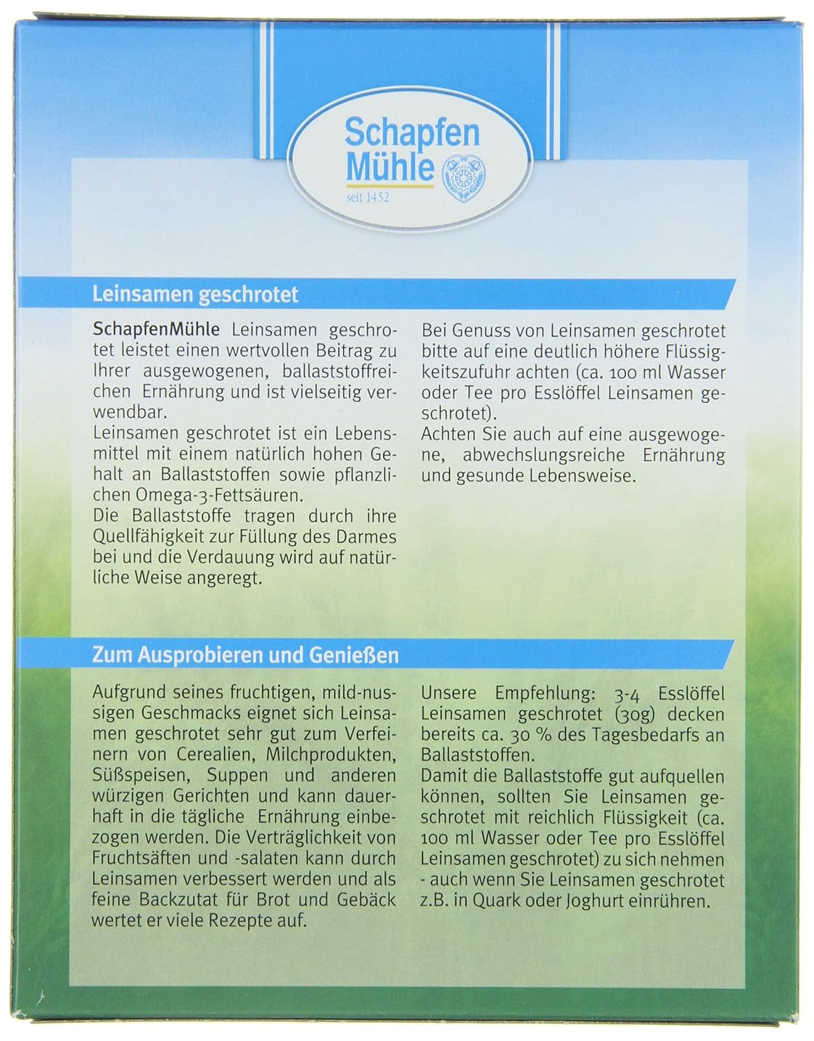 Graines de lin moulues Schapfen Mill, paquet de 200 g