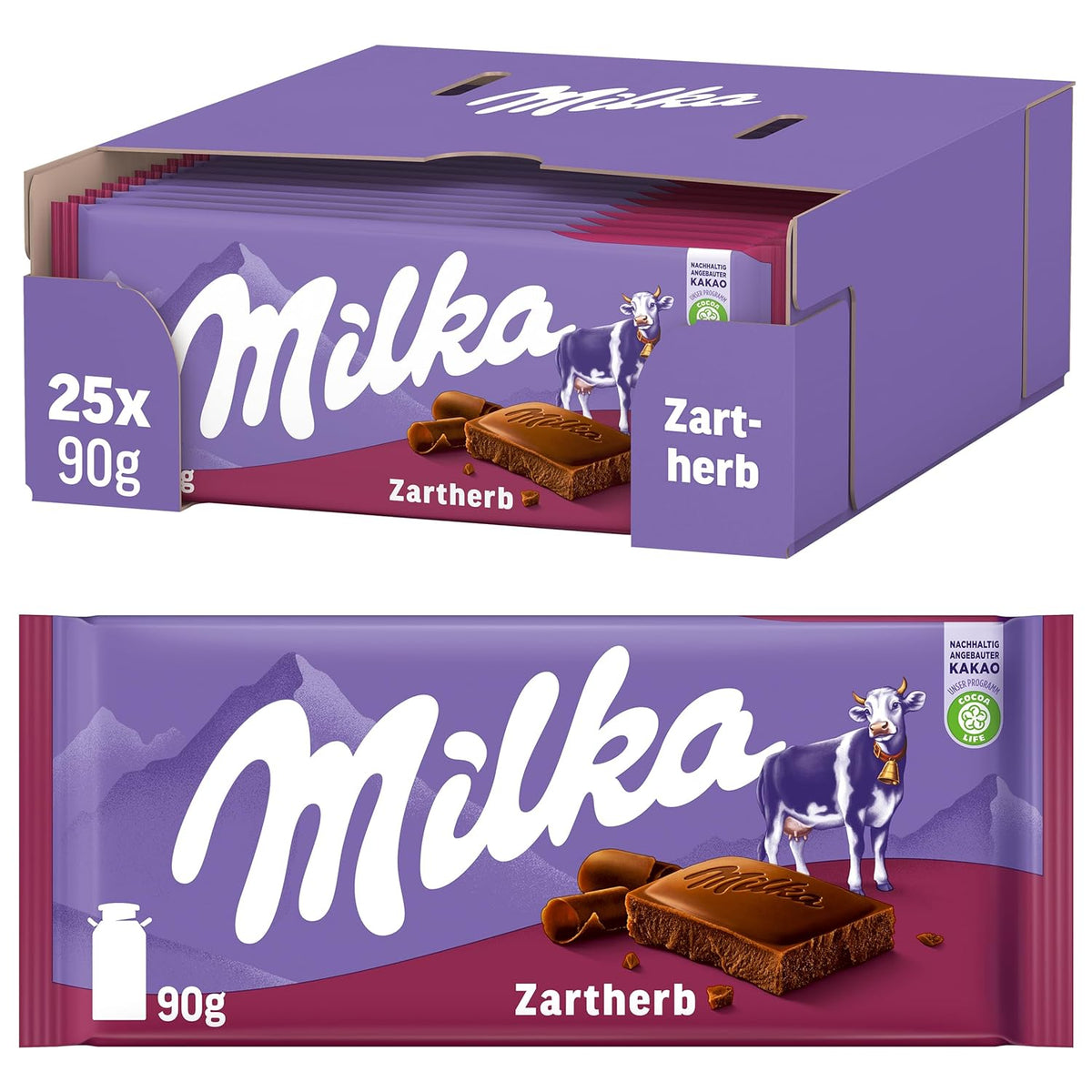 Milka Zartherb - chocolat au lait noir alpin avec une délicate touche de cacao en multipack - 25 x 90g