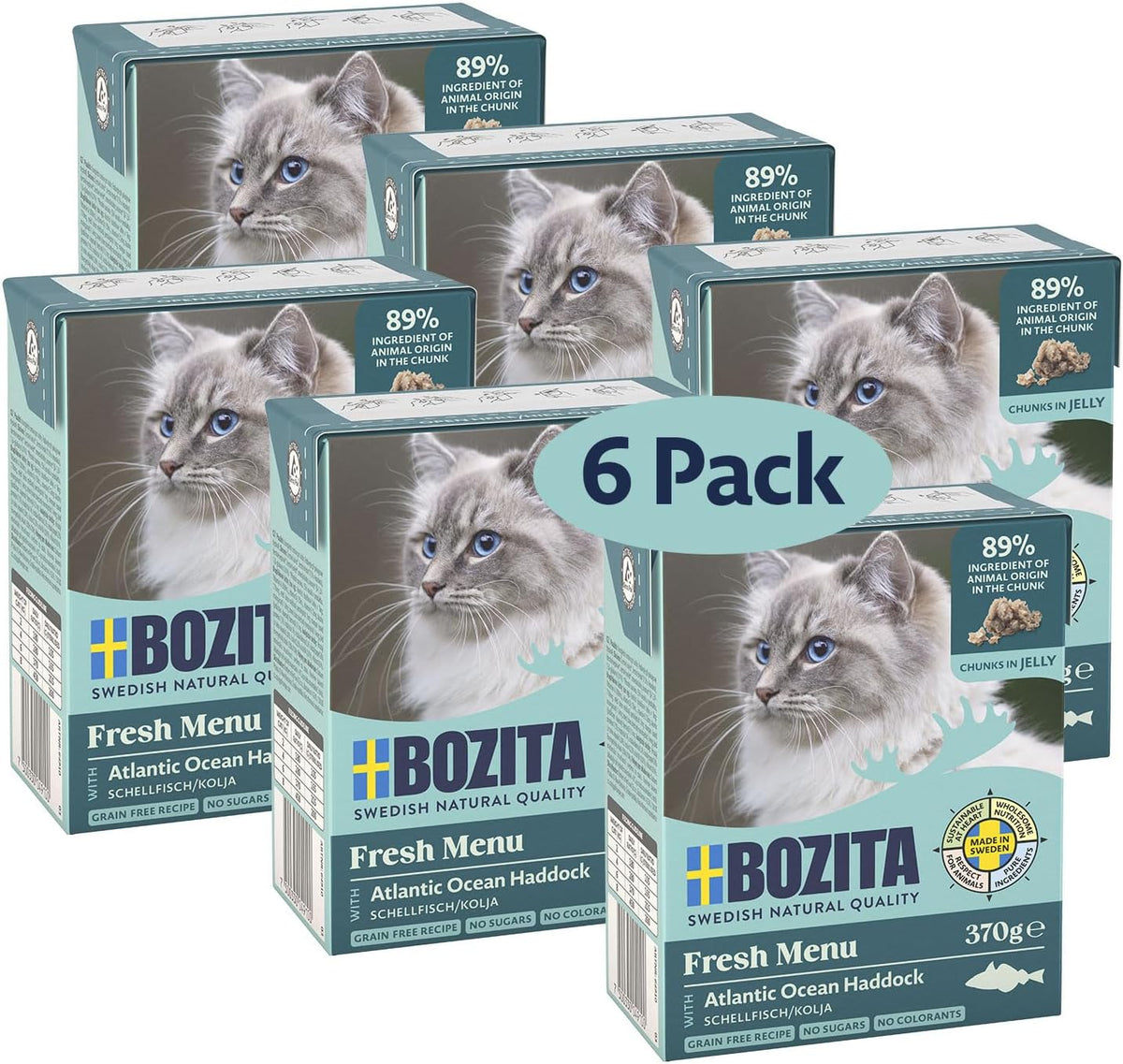 Bozita Tetra nourriture humide à l'aiglefin en gelée - 6 x 370g de nourriture pour chat sans céréales, sans sucre ajouté et sans OGM - équilibrée, délicieuse, avec 7,5% de protéines et 5% de matières grasses