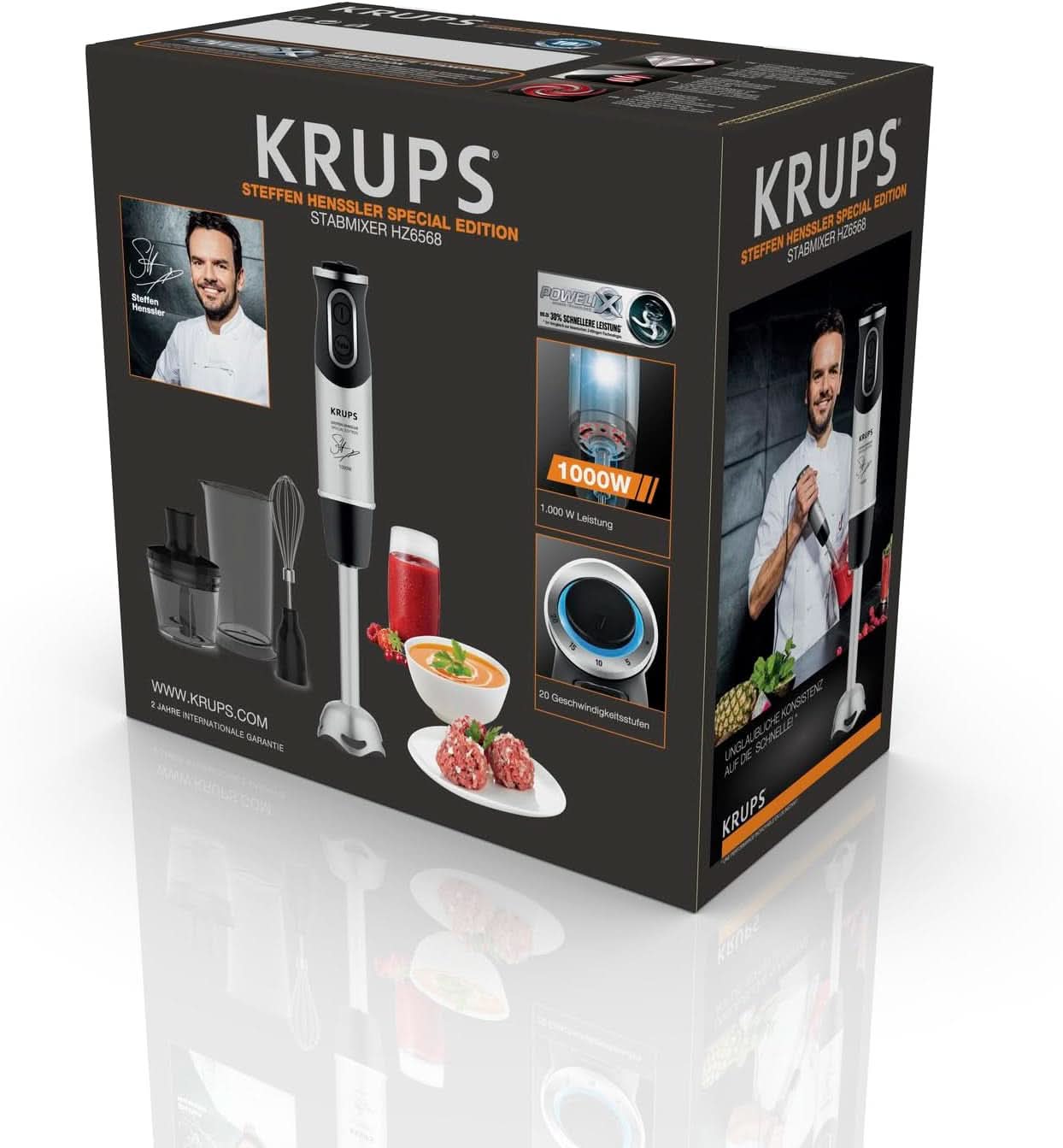 Krups Batteur sur socle Perfect Mix HZ6568 | Mélangeur | 1000 watts | Edelstahlfuss | 4 couteaux supplémentaires | Powelix Technologie | Schneebesen | 500 ml de vinaigrette | 800 Ml Messbecher | Cuisine Schwarz/Silber Naty Shop