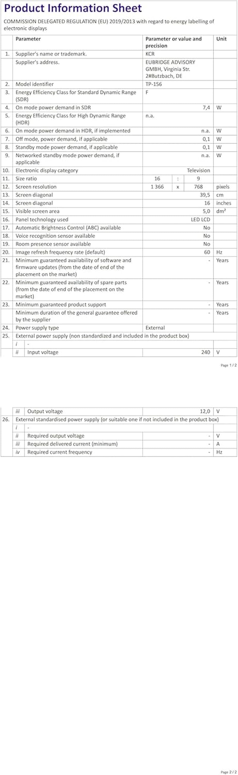 Televizor digital Freeview de 16 inci, tuner DVB-T2, intrare AV, HDMI/VGA, port USB, alimentare de la mașină (12 volți) sau de la rețea, telecomandă