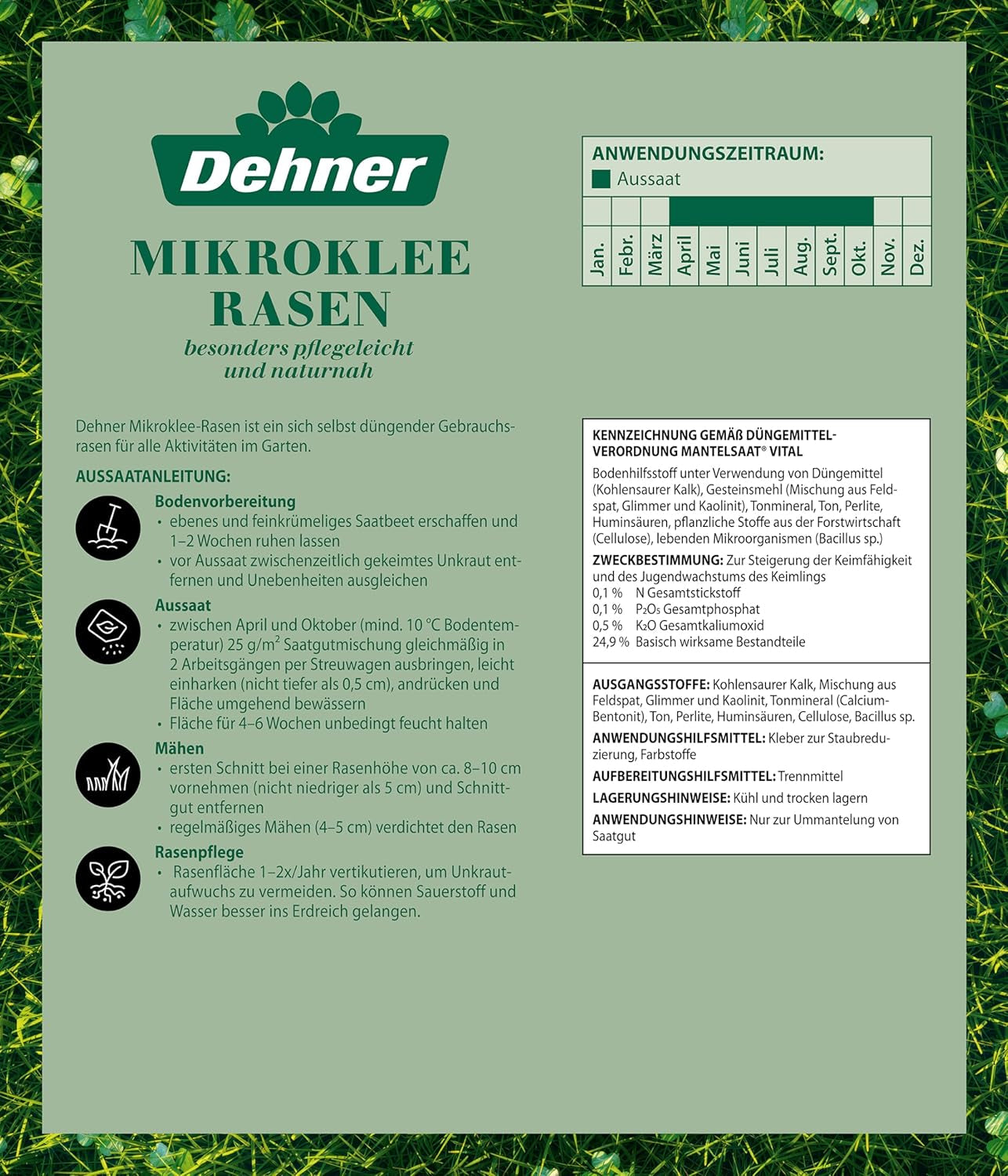 Dehner Saatgut Mikroklee-Rasen, Hochwertige Rasensamen Für Dichten/Sattgrünen Rasen Mit Feiner Optik, Pflegeleicht/Selbstdüngend, Ideal Für Spiel- & Entspannungsflächen, 1.25 Kg Für Ca. 50 M²