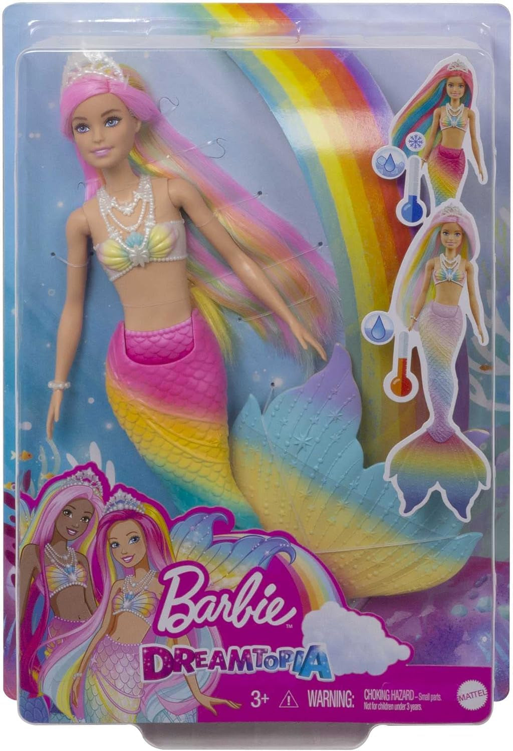 Barbie Dreamtopia Rainbow Magic Mermaid, Barbie Meerjungfrau mit Regenbogenhaaren, Farbwechselpuppe durch Wasser aktiviert, Spielzeug ab 3 Jahren, Geschenk für Mädchen, GTF89