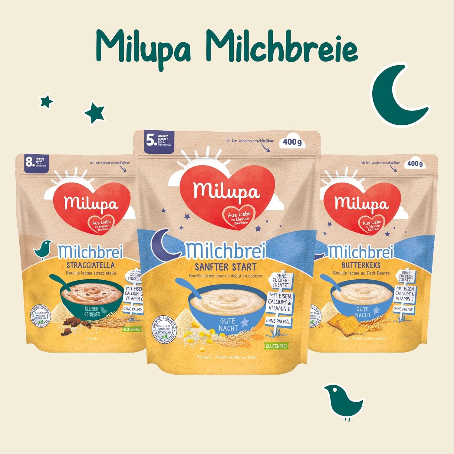 Bouillie de lait Milupa Gentle Start - Céréales pour bébé sans gluten, sans huile de palme - Sans conservateurs ni colorants - Dès 5 mois - 4 x 400 g