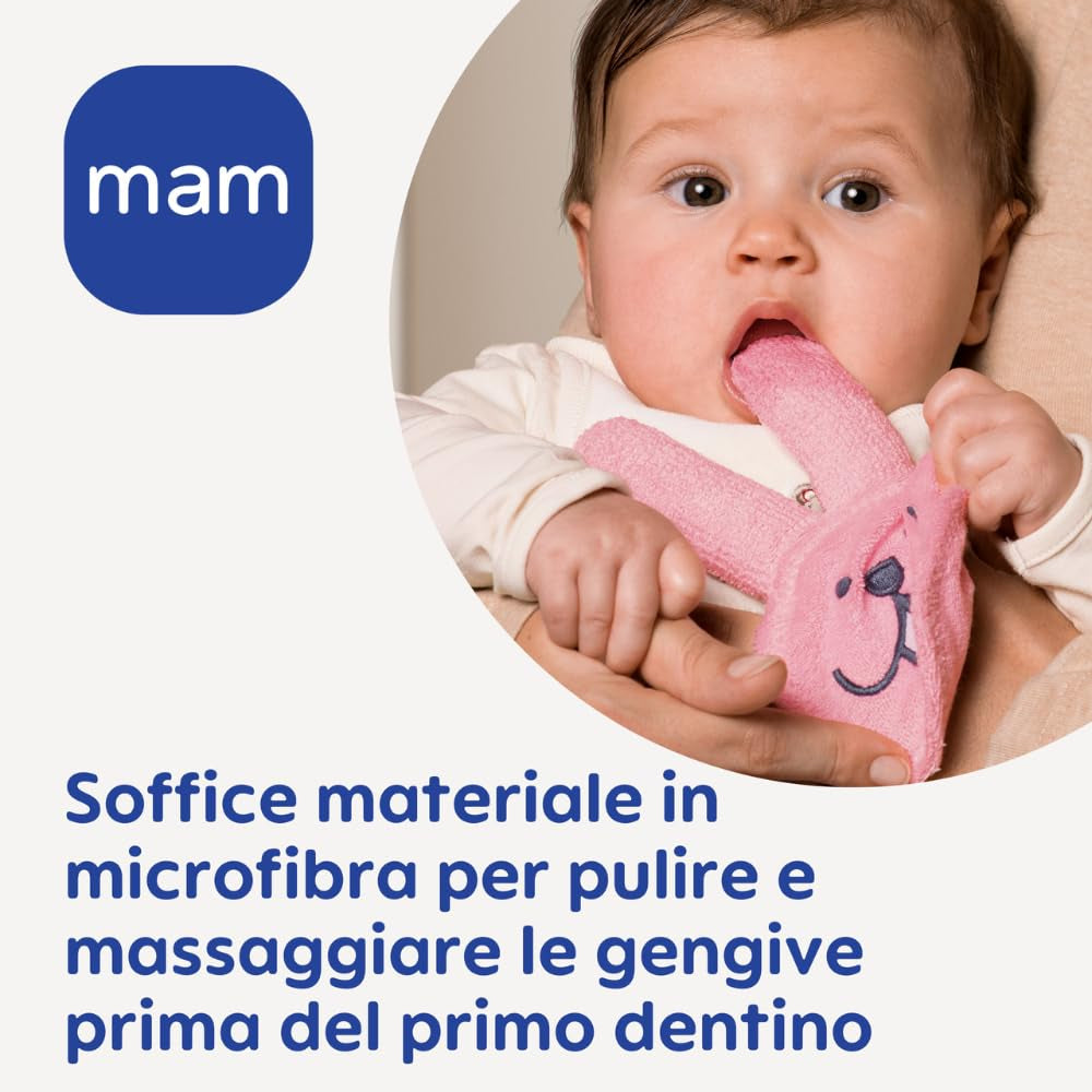 MAM Rabbit Anneau de dentition, gant de soins bucco-dentaires en microfibre, 0 mois et plus, rose