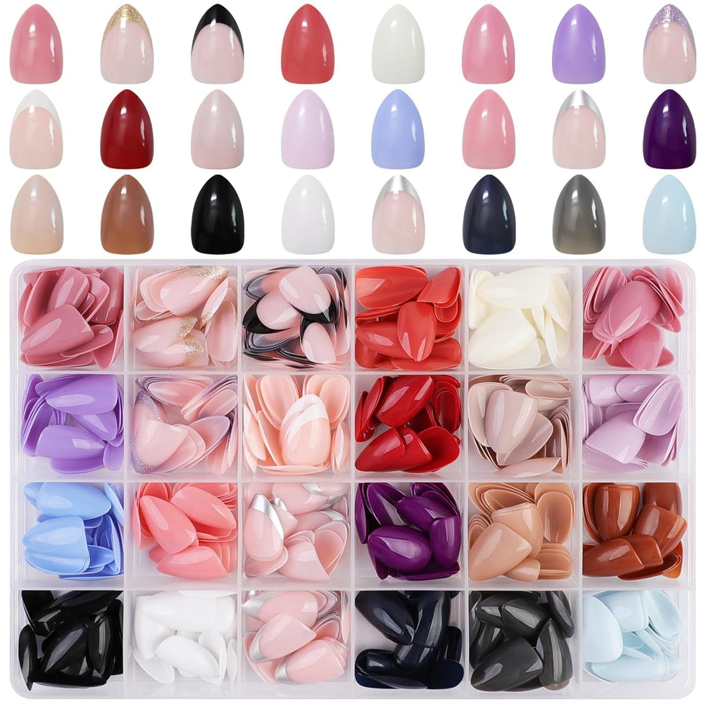 576 pièces ongles amande colle sur ongles courts paillettes colorées faux ongles ensemble faux ongles avec lime à ongles ongles ovales faux ongles pour les femmes