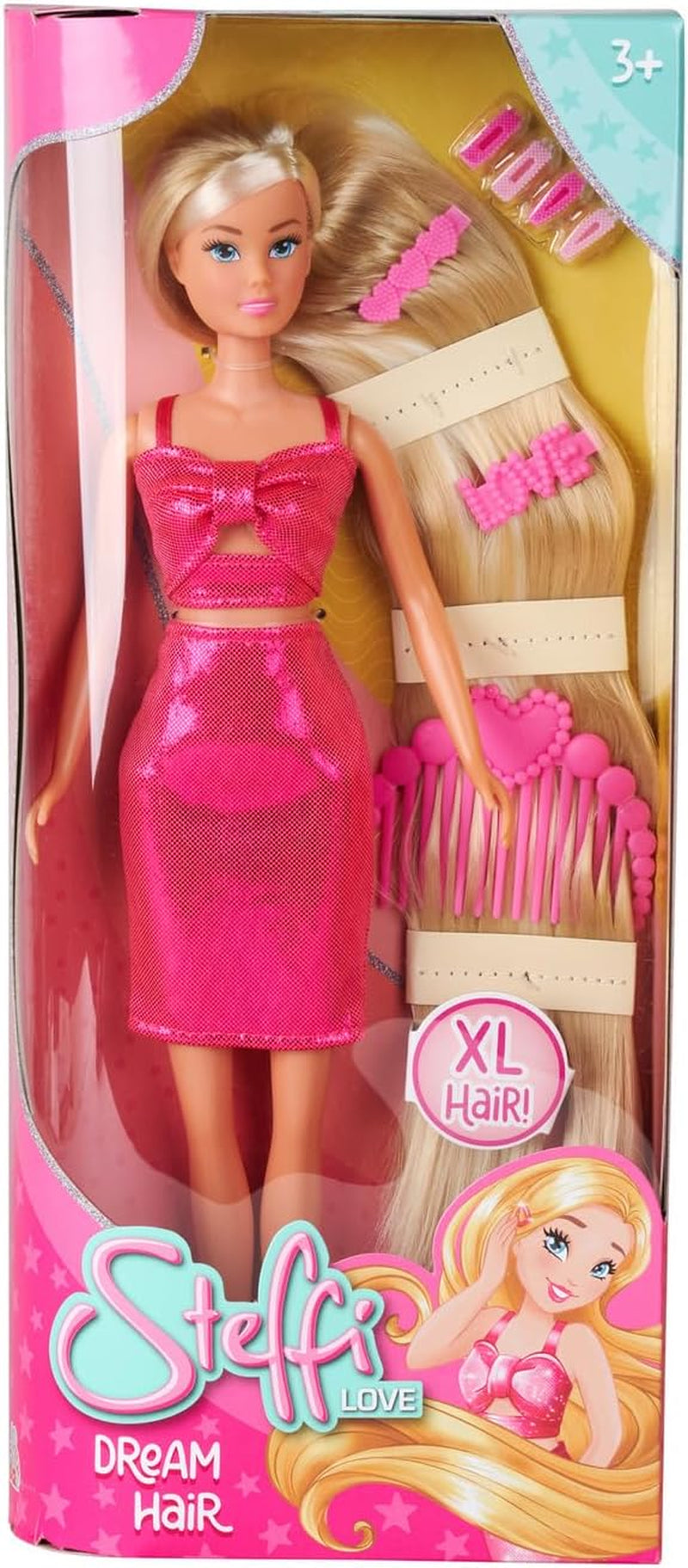 Simba Steffi Love Dream Hair – Chevilles avec cheveux extra longs, inkl. Haarclips & Kamm, dans une robe scintillante rose, 29 cm de gros, poupée de frisette pour enfants à partir de 3 ans