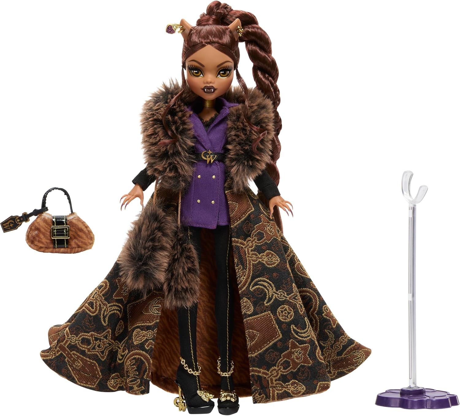 Monster High Doll House of Wolves Figurine de collection Clawdeen Wolf avec manteau en fausse fourrure jacquard veste violette robe pantalon doré et accessoires JDR66
