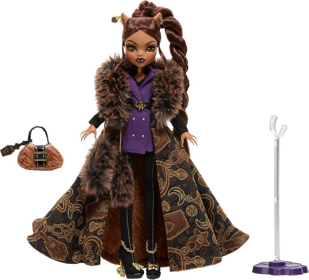 Monster High Doll House of Wolves Figurine de collection Clawdeen Wolf avec manteau en fausse fourrure jacquard veste violette robe pantalon doré et accessoires JDR66