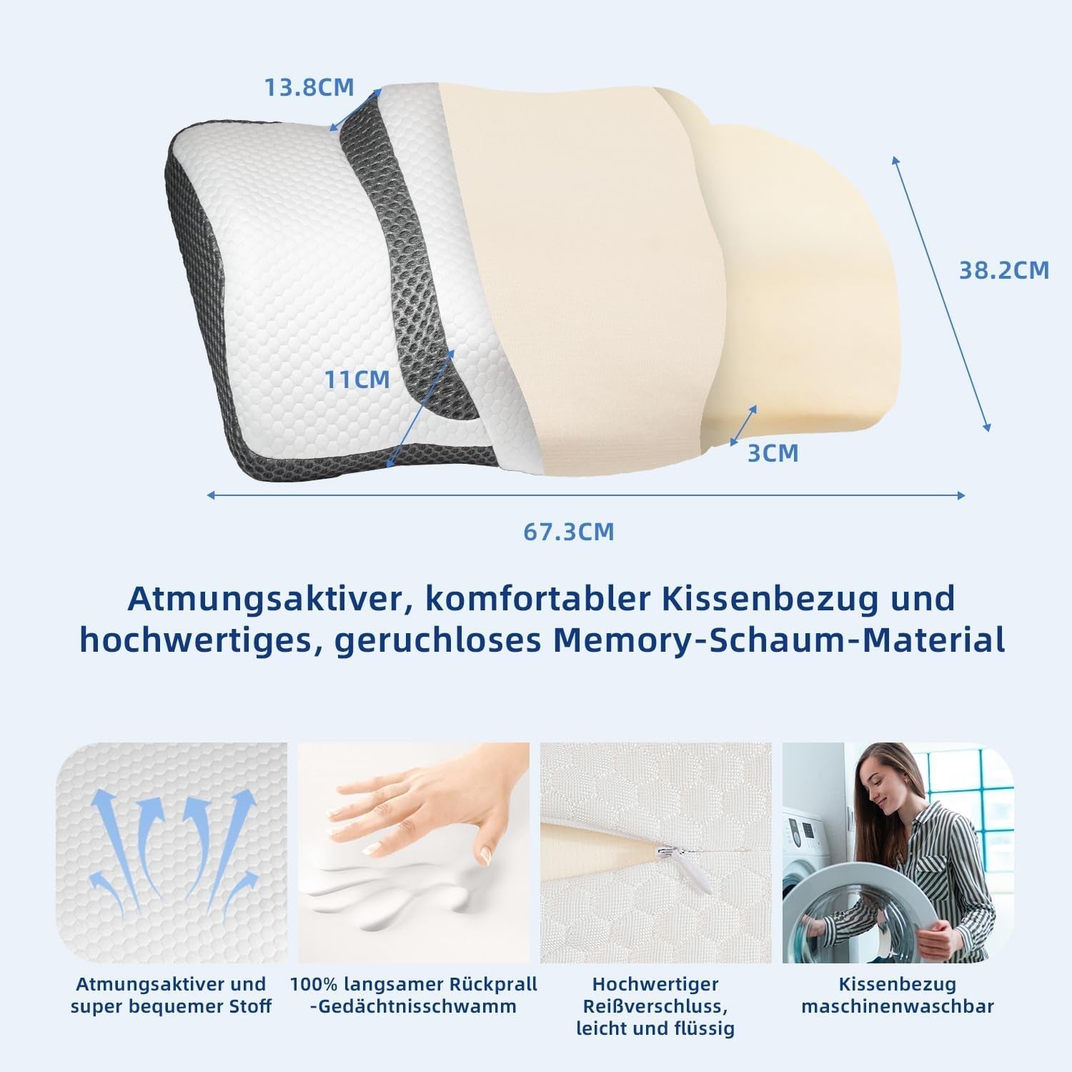 Oreiller orthopédique, oreiller cervical ergonomique, oreiller de tête, oreiller original en mousse à mémoire de forme pour les côtés, le dos et le ventre, oreiller de soutien du cou pour hommes, femmes (67,3 x 38,2 x 13,8/3 cm) Oreillers orthopédiques cervicaux Naty Shop