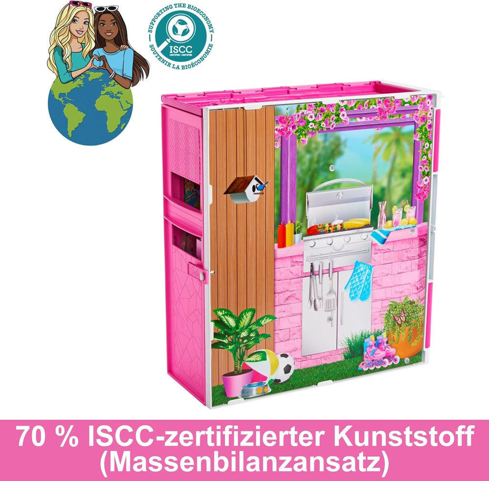 Barbie-Puppenhaus Spielset, Ferienhaus mit 4 Spielbereichen, darunter Küche, Badezimmer, Schlafzimmer und Lounge, 11 Deko-Zubehörteile, HRJ76