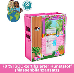 Barbie-Puppenhaus Spielset, Ferienhaus mit 4 Spielbereichen, darunter Küche, Badezimmer, Schlafzimmer und Lounge, 11 Deko-Zubehörteile, HRJ76