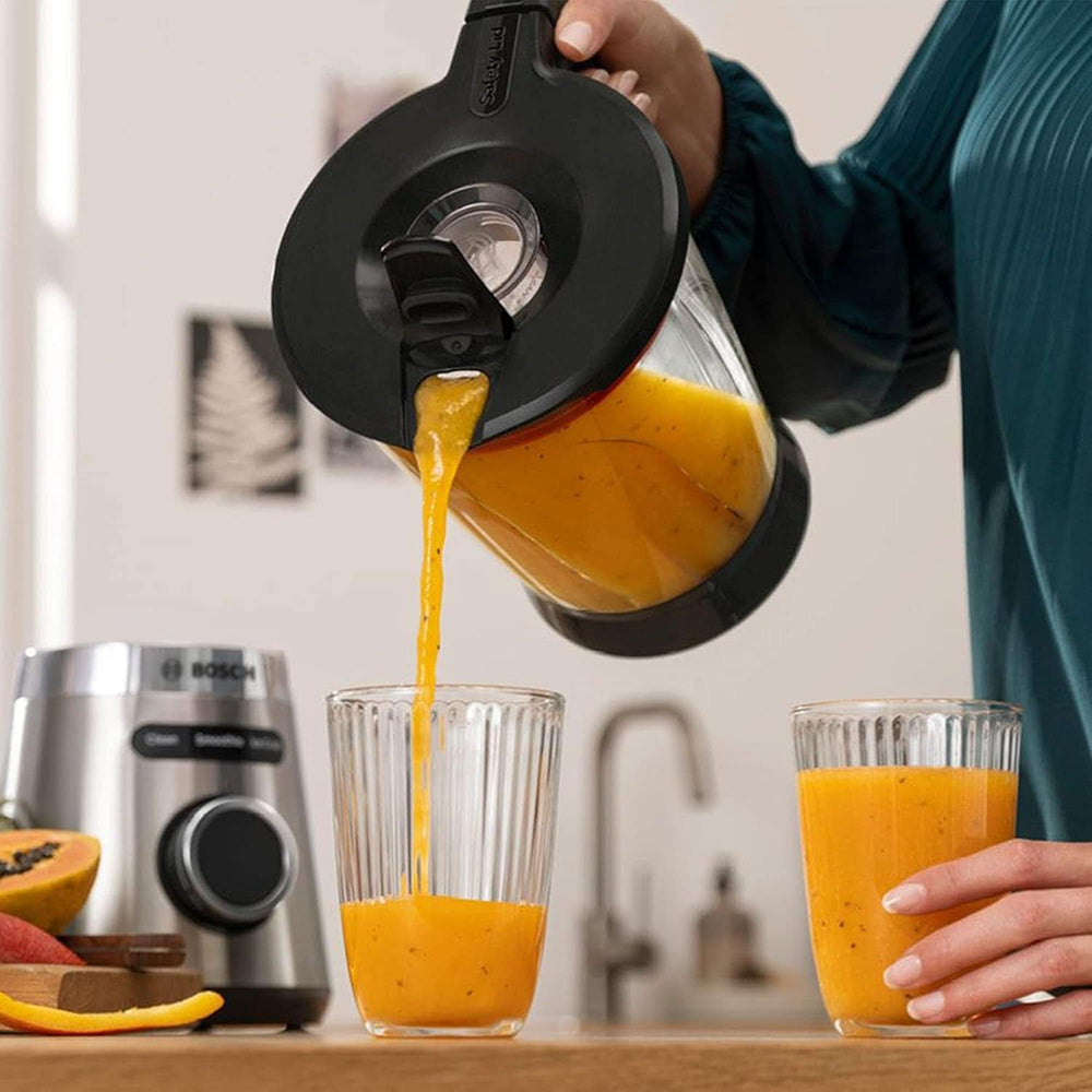 Bosch Batteur sur socle Vitapower Serie 4 MMB6382M, Edelstahl-Klingen Fabriqué en Allemagne, 1,5L Thermosafe Glasbehälter, Stopfer, Sicherheitsdeckel, Spülmaschinengeeignete Teile, 30 000 U/Min, 1200 W, Edelstahl Kitchen Naty Shop