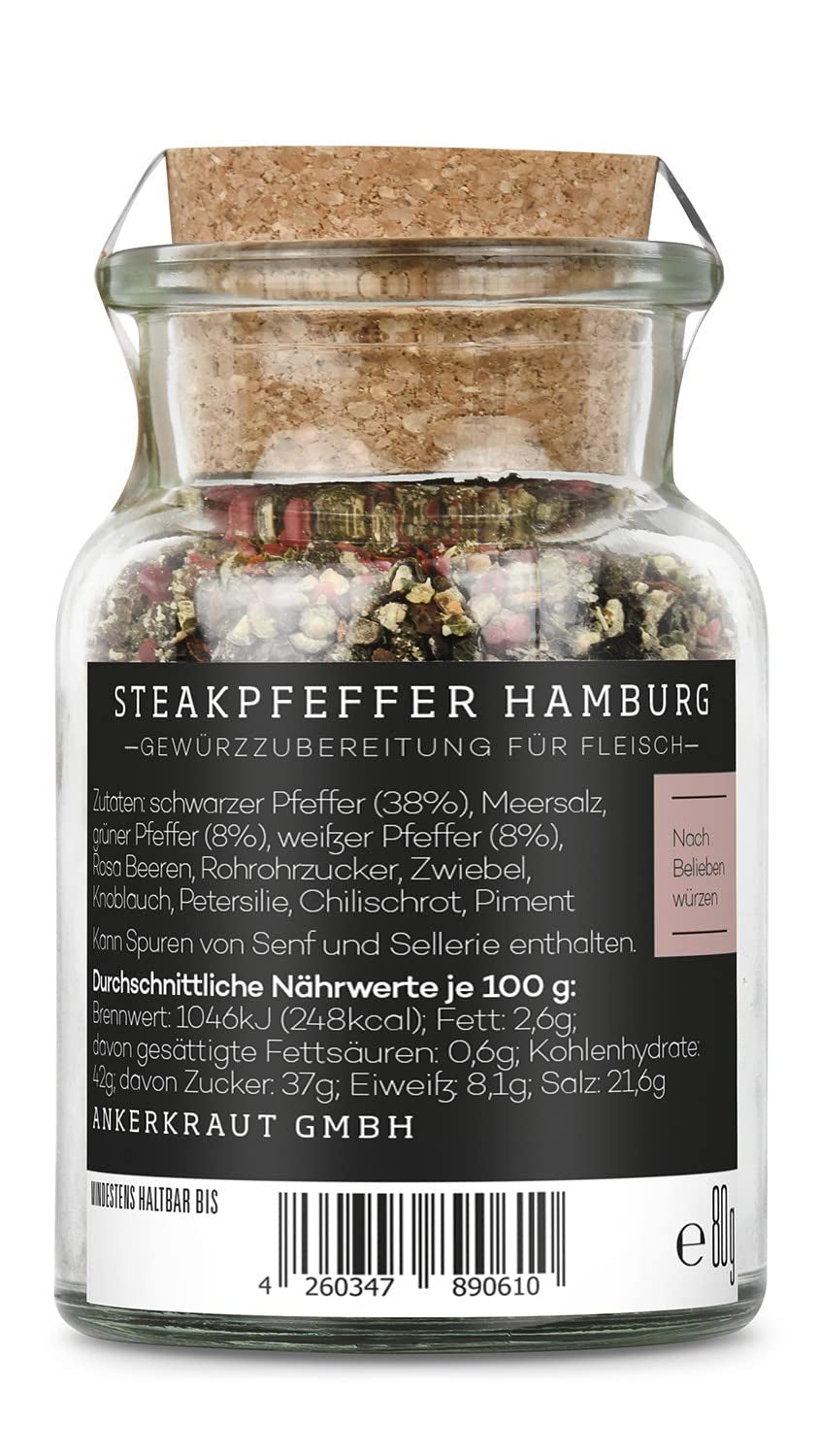Ankerkraut Steakpfeffer Hamburg, Pfefferkörner Hausmischung, grober Steakhouse-Pfeffer, frische Note, Universal Allrounder, Lecker Kochen mit Qualität, 80 g dans Korkenglas