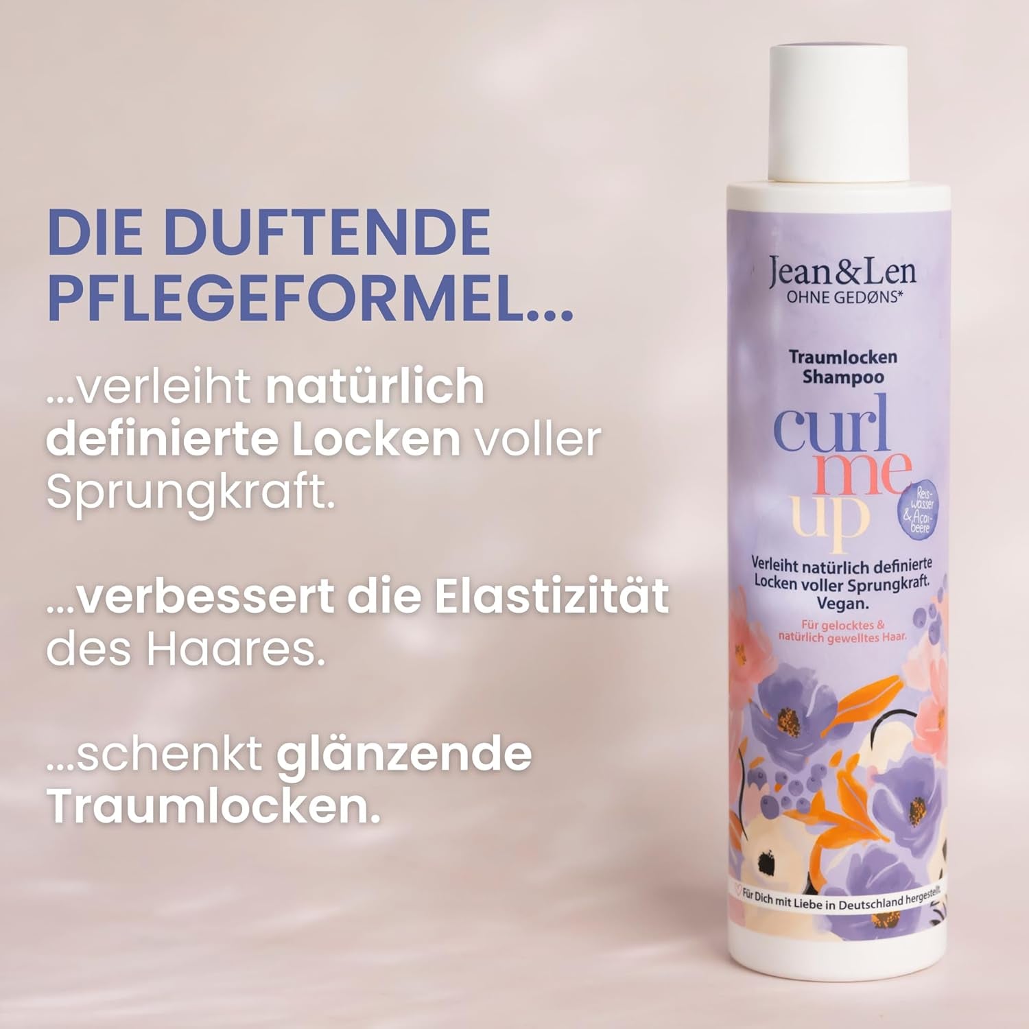 Jean & Len Dream Curls Shampooing Eau de Riz & Baie d'Açai, pour cheveux bouclés et ondulés, 300 ml Jean & Len