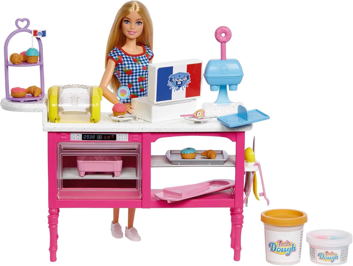 Poupée Barbie Malibu Roberts et ensemble de pâtisserie 18 pièces, comprenant de la pâte à modeler et des beignets, des croissants et des muffins, pour 3 ans et plus, HJY19