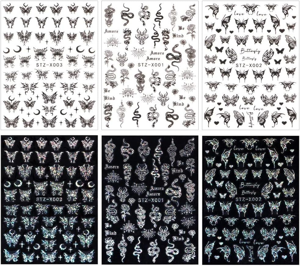 6 Blatt Schmetterling Nagelsticker Selbstklebend Laser Silber Schmetterlings Nagelaufkleber 3D Aurora Silber Schwarz Schmetterlinge Nagel Stickers Frühling Nageldesign Nail Sticker Nail Art Zubehör