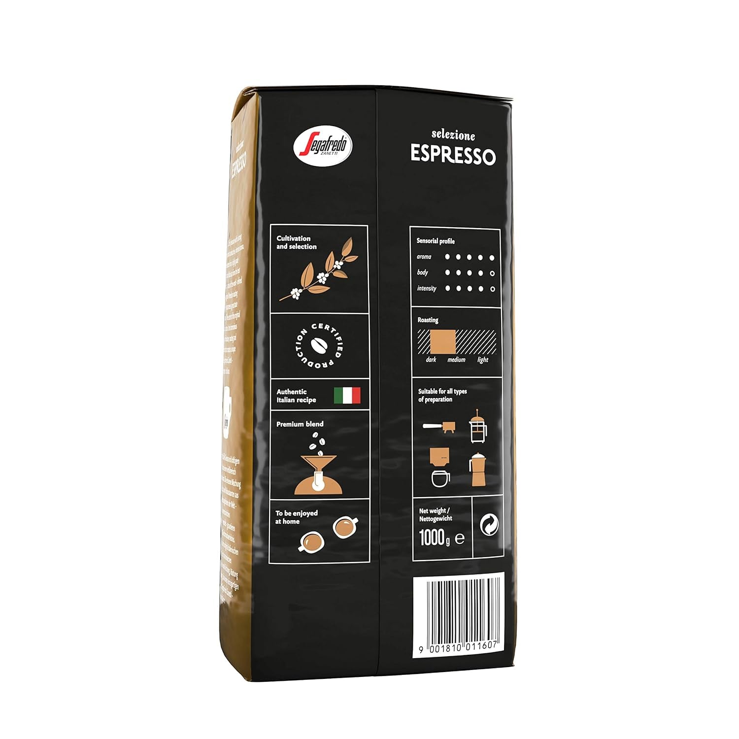 Segafredo Zanetti Selezione Espresso - Grains entiers (paquet de 1 kg) - Convient à toutes les spécialités de café italiennes - Torréfaction moyenne à foncée, saveur forte et intense