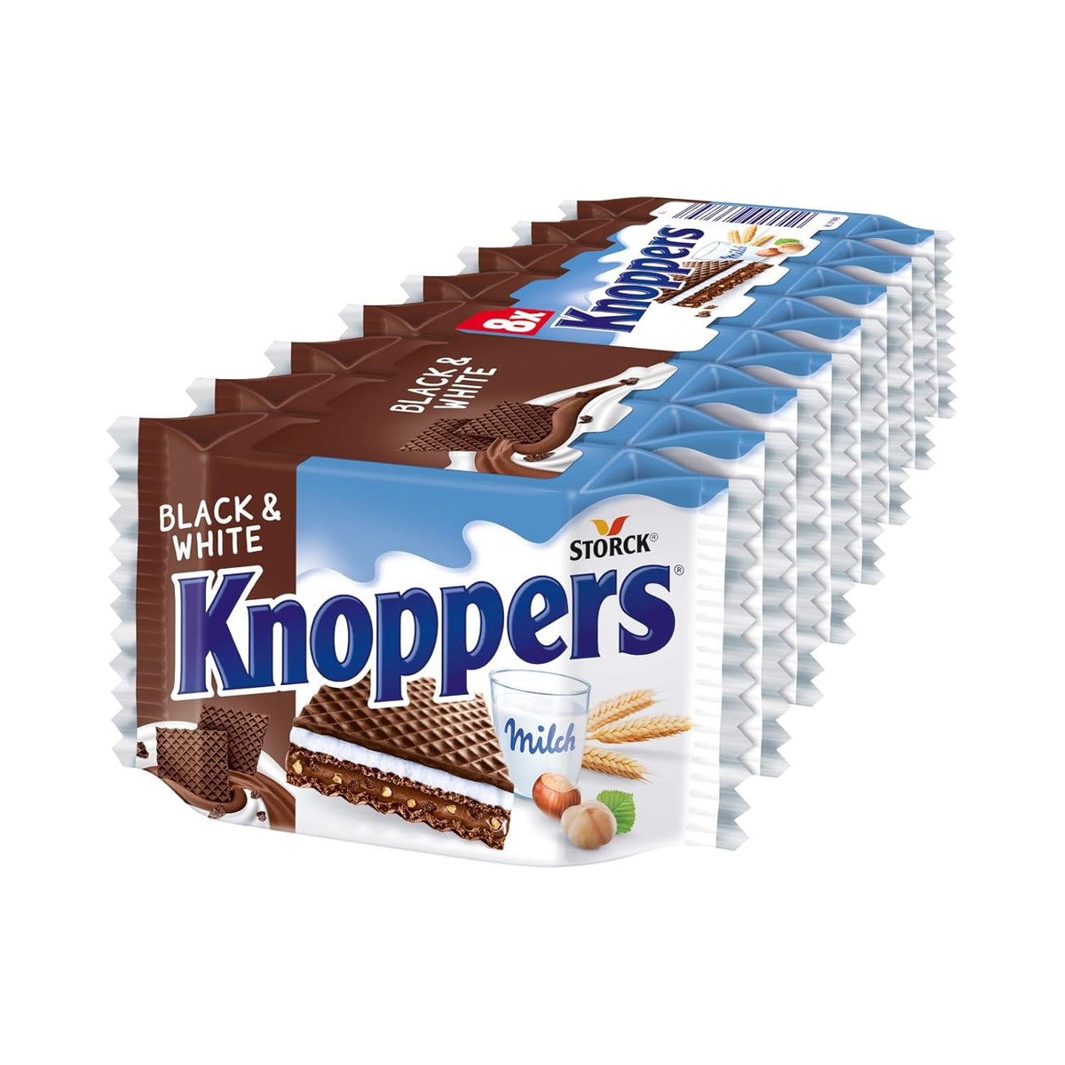 Knoppers Blancs et Noirs – 8 x 25g – Tranches de gaufrettes fourrées de gaufrettes au cacao noir, morceaux de biscuits noirs, lait et crème de nougat