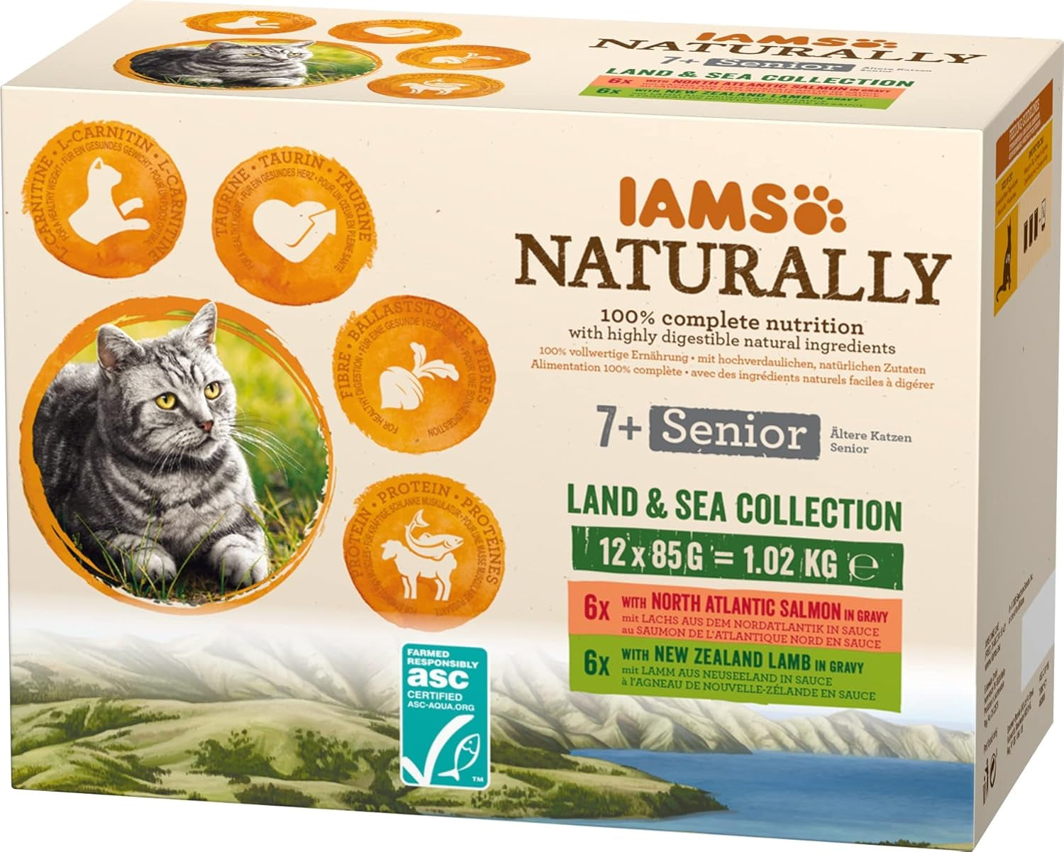 IAMS Naturally Senior Hrană umedă în sos - Hrană umedă de înaltă calitate cu carne și pește pentru pisici mai în vârstă, Colecția Land & Sea, 12 x 85 g