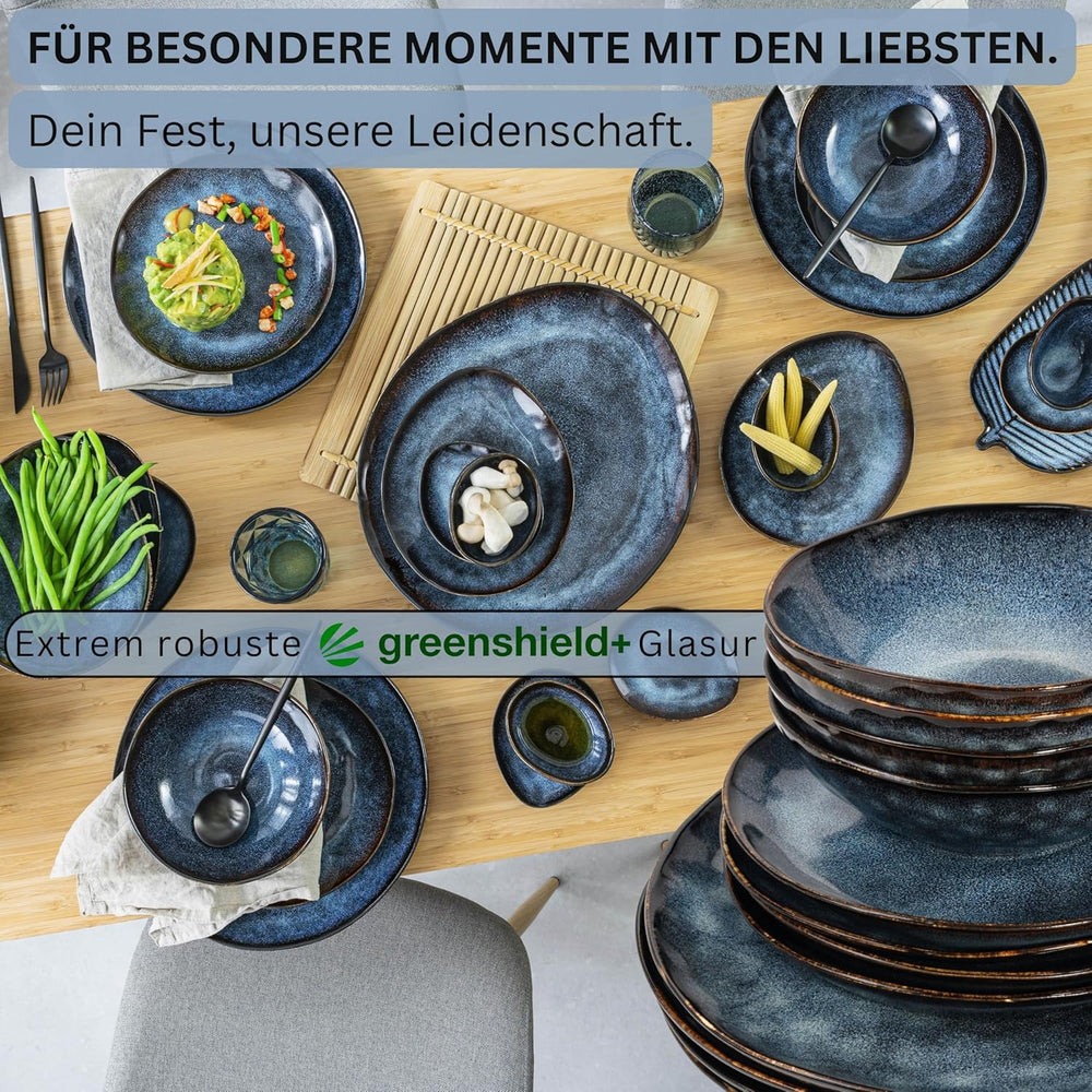 Sanger | Service de table Tokyo 36 pièces Service de table en porcelaine pour 12 personnes Vaisselle moderne faite à la main bleu foncé avec accents noirs | LA COLLECTION PREMIUM