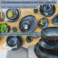 Sanger | Service de table Tokyo 36 pièces Service de table en porcelaine pour 12 personnes Vaisselle moderne faite à la main bleu foncé avec accents noirs | LA COLLECTION PREMIUM