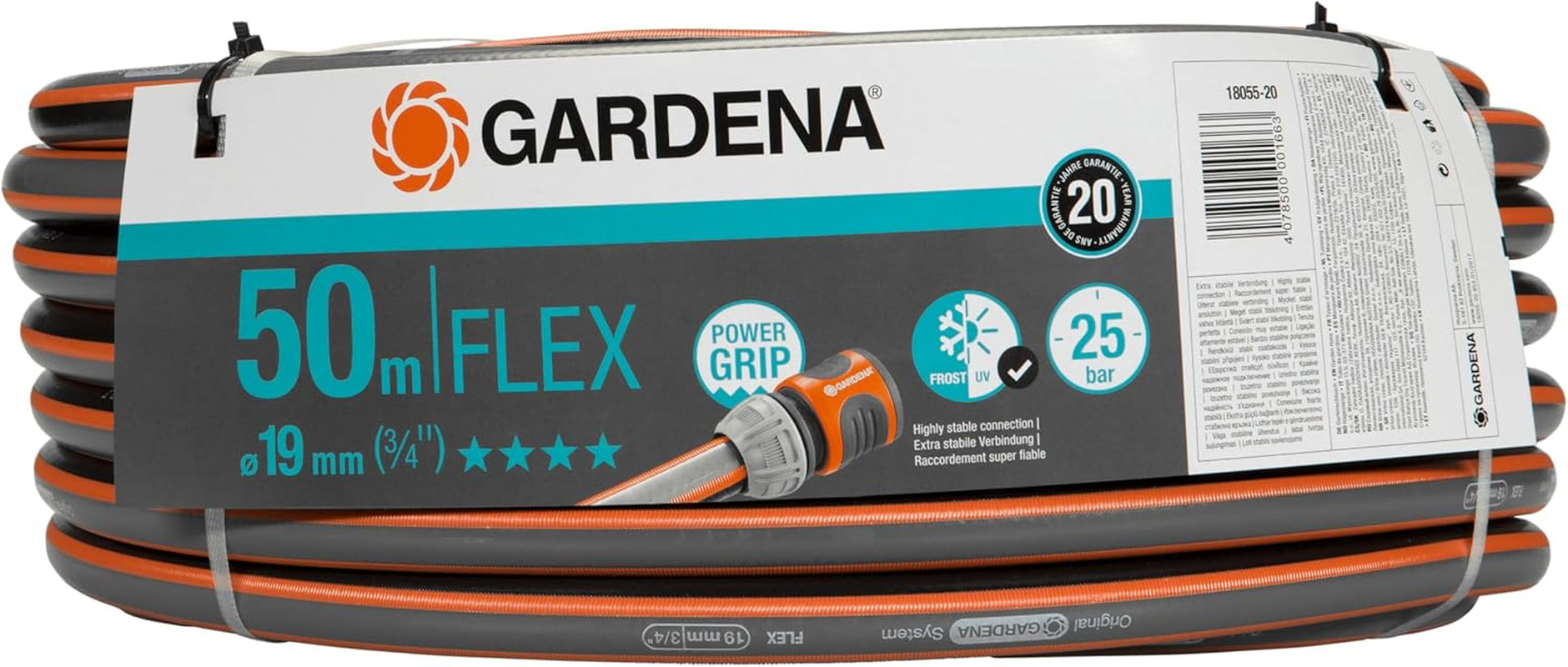 Furtun Gardena Comfort FLEX 19 mm (3/4 inch), 25 m: Furtun de grădină flexibil, stabil dimensional, cu profil Power-Grip, fabricat din material spiralat de înaltă calitate, presiune de spargere de 25 bar, fără componente de sistem (18053-20)