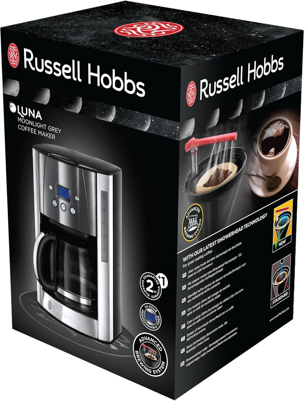 Russell Hobbs Luna Grey Cafetière [minuterie numérique, pomme de douche pour une extraction et un arôme optimaux] (1 à 12 tasses, carafe en verre 1,5 L, plaque chauffante, 1000 W) Cafetière à filtre 23241-56