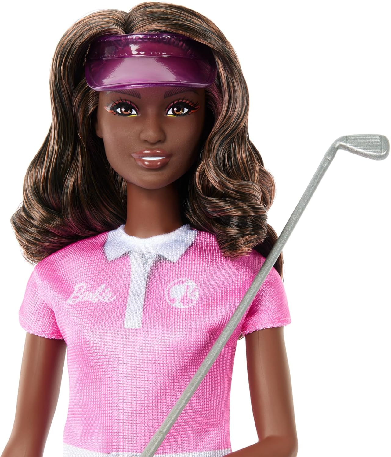 Poupée Barbie Golfeuse Brune en Robe Polo Rose Amovible, Uniforme de Golf, Comprend Chapeau et Accessoires de Club de Golf, JCR69