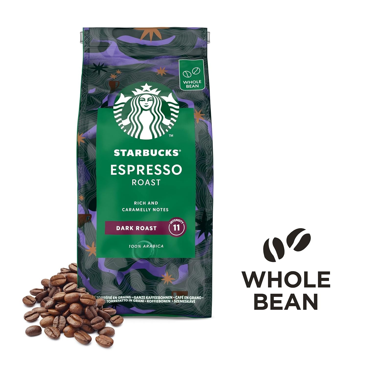 STARBUCKS Espresso Roast, torréfaction noire, grains de café entiers 200 g (paquet de 6)