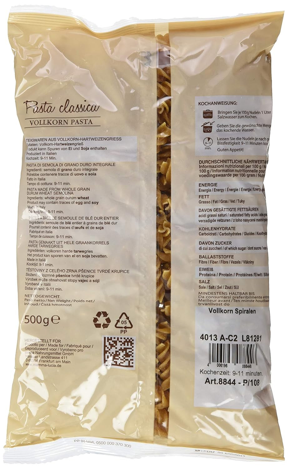 Pâtes spirales aux grains entiers, 500 g