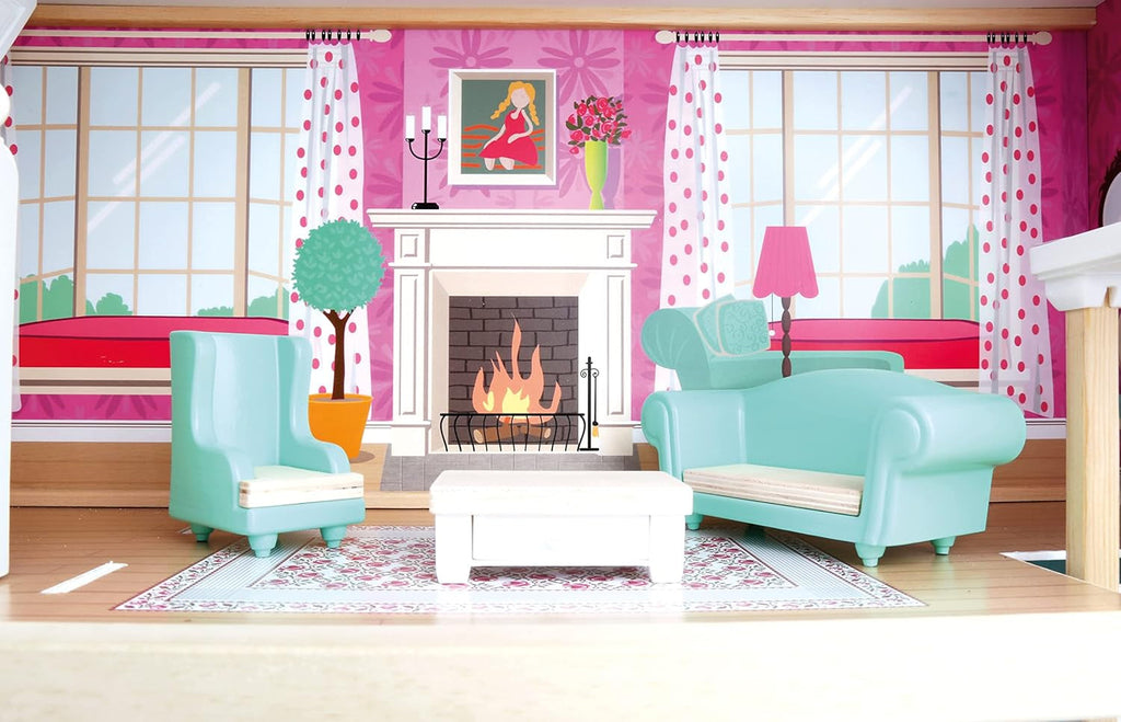 Bino Casă mare de păpuși din lemn pentru copii de la 3 ani (accesorii pentru camera copiilor, casă de jucărie, inclusiv accesorii pentru casa de păpuși, 5 camere, 3 niveluri de joc, 111 piese), Multicolor Casute de papusi Naty Shop