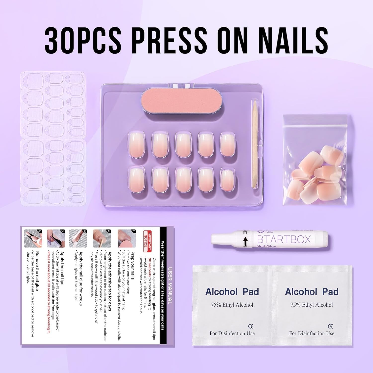 Btartbox Faux Ongles Carrés Courts Baby Boomer Colle Sur Blanc Dégradé Rose Faux Ongles Ongles Artificiels Courts avec Colle À Ongles 30 Pièces Faux Ongles Carrés