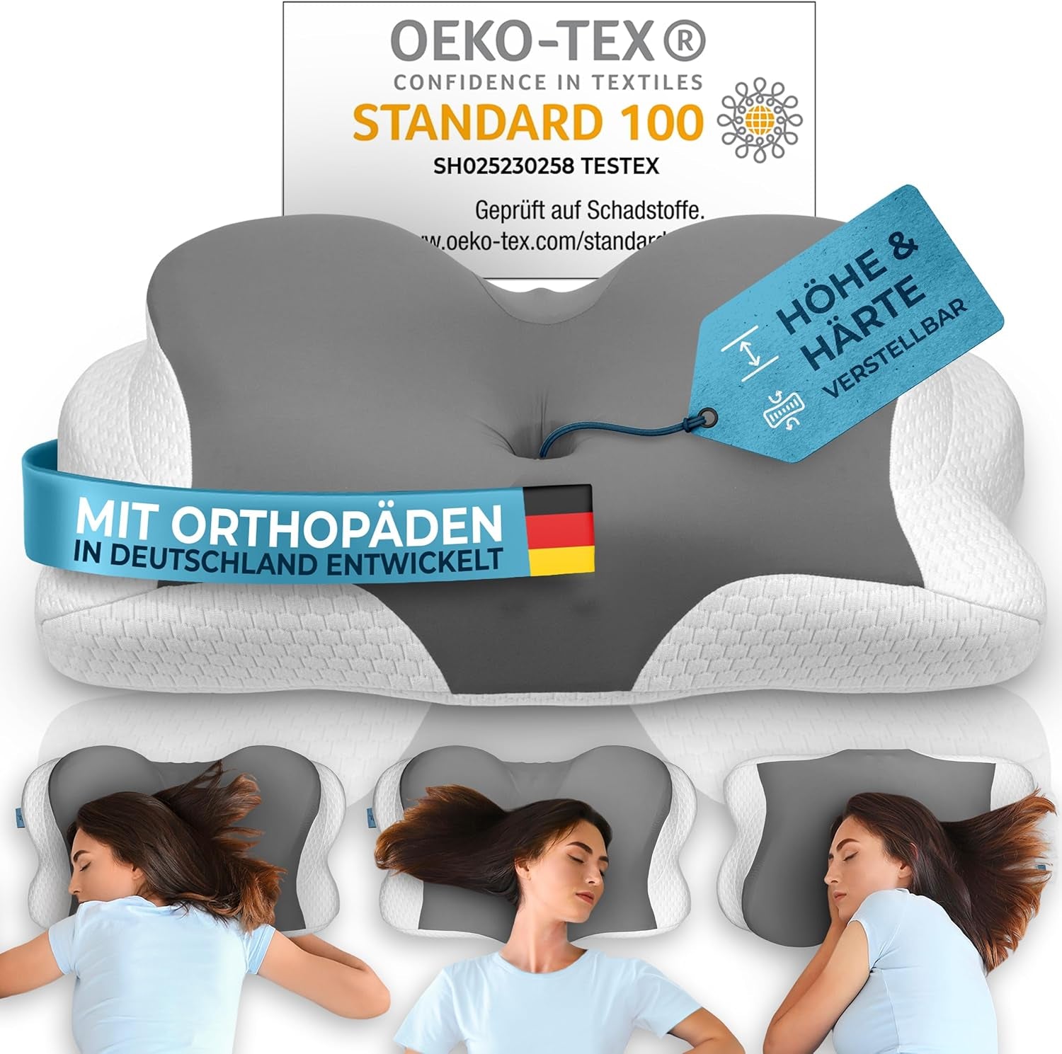 Oreiller orthopédique [Nominé au Prix de l'innovation pour l'ergonomie] Oreiller pour douleurs cervicales en mousse à mémoire de forme | Oreiller de soutien cervical ergonomique, oreiller de couchage latéral gris, oreillers cervicaux orthopédiques Naty Shop gris Kissen [Version: Allrounder]